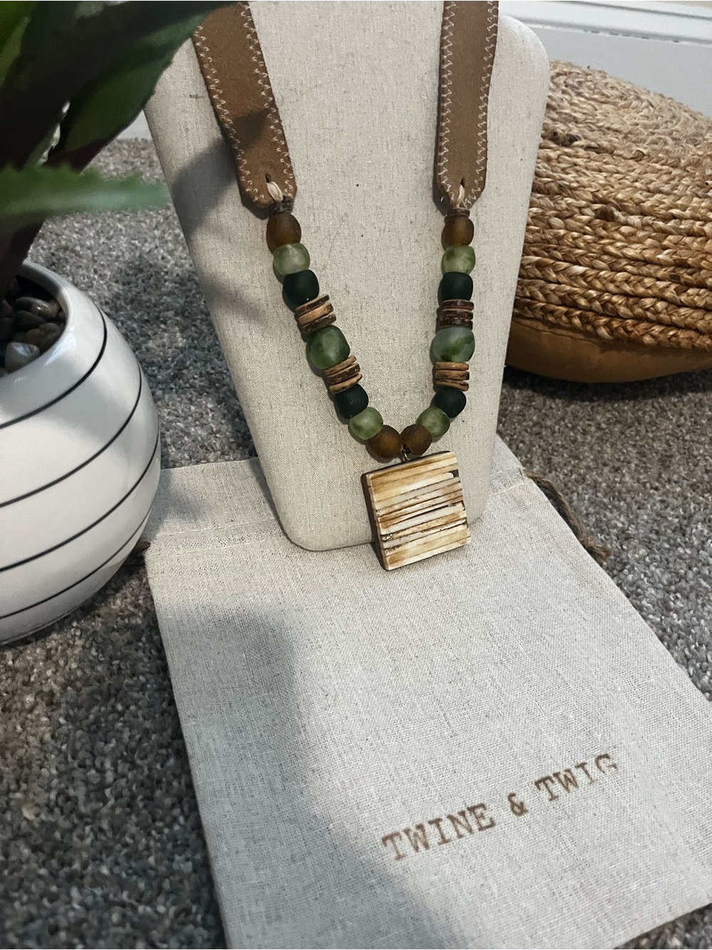 Twine & Twig Olive Green Beaded Pendant Necklace